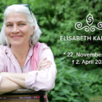 Portrait picture of Elisabeth Karsten in nature, text with date of birth and death