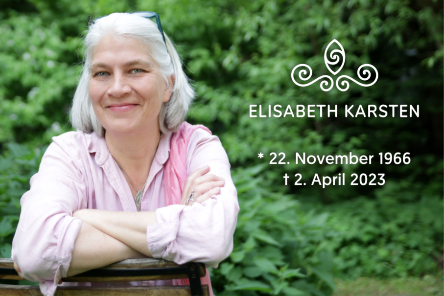 Portraitbild von Elisabeth Karsten in der Natur, Text mit Geburts- und Todesdatum